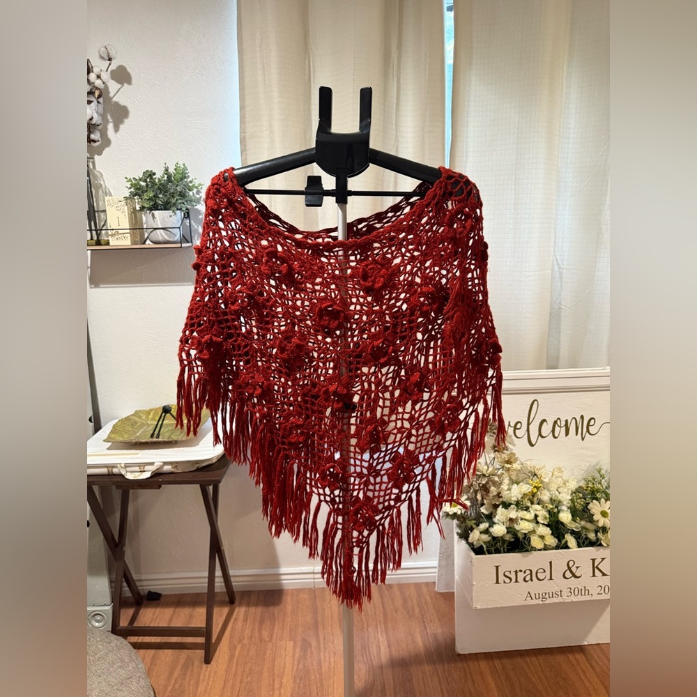 Red Crochet Poncho with Fringe